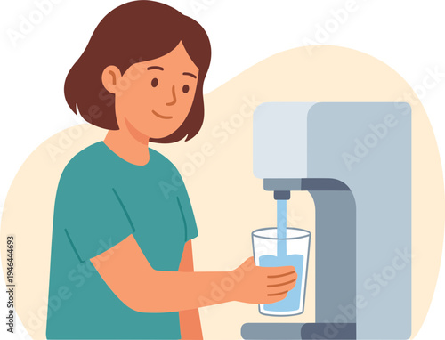 Woman filling glass with water from machine indoors