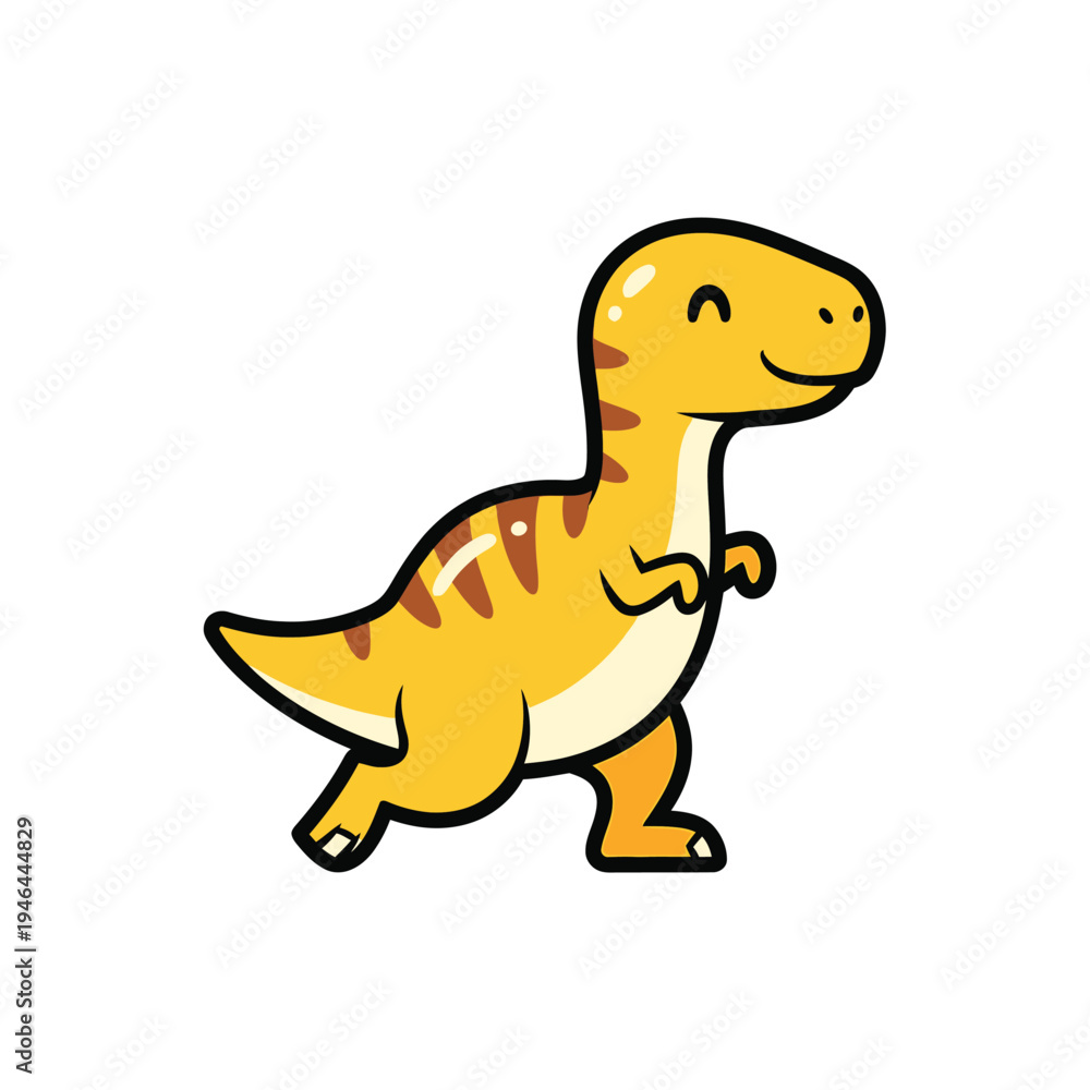 Obraz premium Adorable cartoon yellow Tyrannosaurus Rex dinosaur with happy smiling face, walking with playful gait, whimsical children's art, isolated on white background.