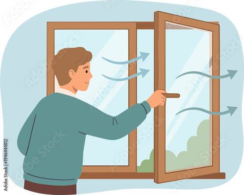 Man opening window for fresh air in a room with a view