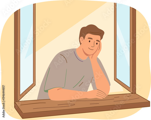 Man sitting by window looking outside with hand on face