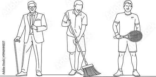 Outline vector illustration showing businessman with cane, janitor sweeping with broom, and tennis player holding racket, representing different professions, careers, sport and work lifestyle concepts