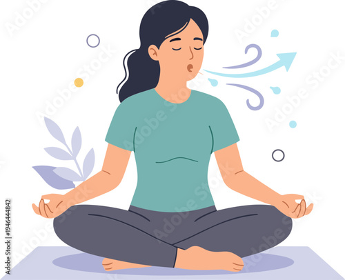 A woman practices meditation in a serene environment with yoga and breathing exercises.