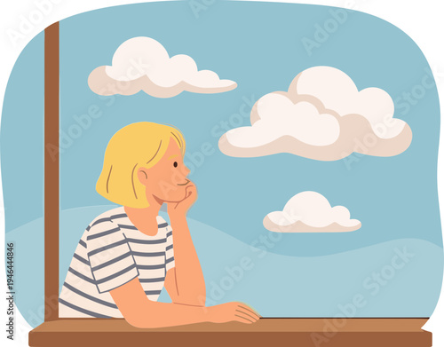 A young girl looks out the window at clouds with a thoughtful expression