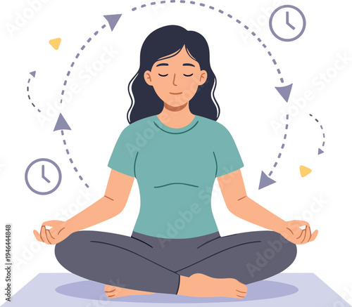 Woman meditates peacefully on a yoga mat in a serene environment with clocks.