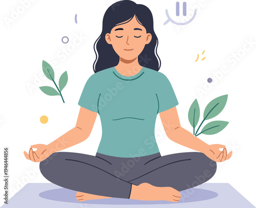 Woman meditates peacefully outdoors with plants and yoga mat in serene nature