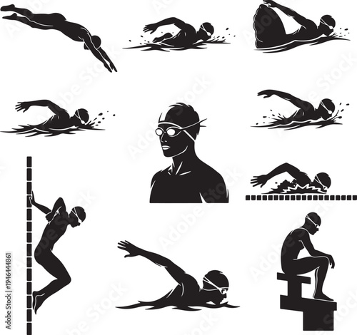 Set of 10 swimming icons vector, black silhouettes