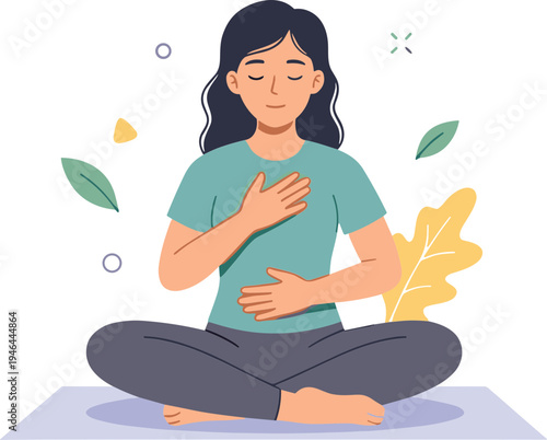 Woman practices yoga on a mat in a serene outdoor environment with leaves floating around her.