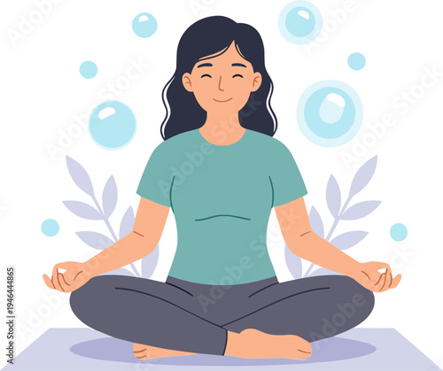 Woman practices yoga on a mat with bubbles and leaves around her.