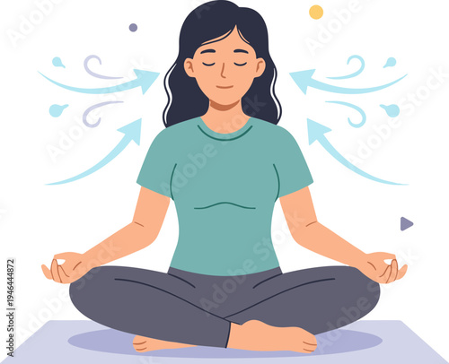 Woman meditates peacefully indoors with closed eyes on a mat