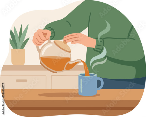 A person pouring tea from a teapot into a mug on a wooden table indoors.