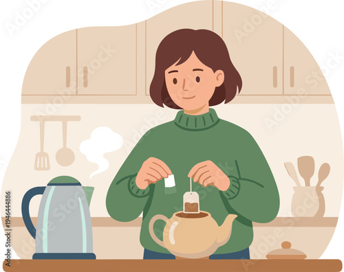 Woman prepares tea in a cozy kitchen with kettle and teapot