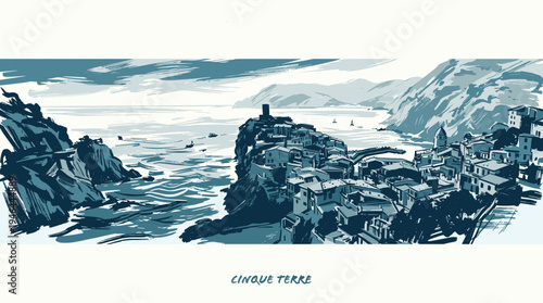 A stylized illustration of the picturesque coastal village of Cinque Terre, Italy, perched on rocky cliffs overlooking the sea.