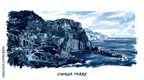 A beautiful blue ink sketch of the picturesque coastal village of Cinque Terre clinging to a rocky cliffside overlooking the sea.