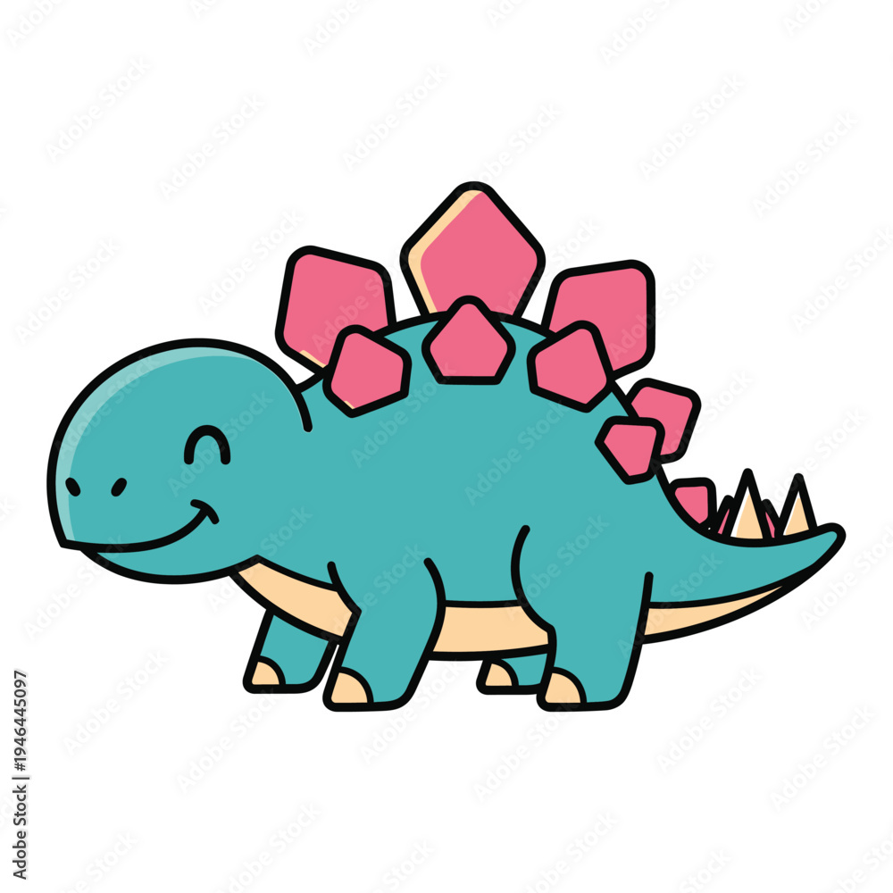 Fototapeta premium Charming, cartoon-style stegosaurus with playful pink plates along its back, depicting a cute and friendly dinosaur in a simple, vector art aesthetic for educational or decorative purposes.