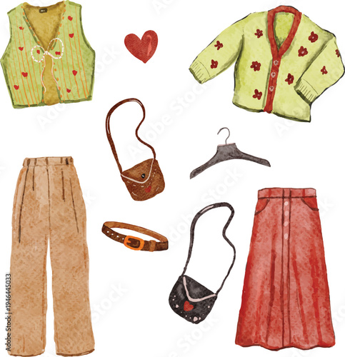 Photography hand painted outfit illustration, cardigan, vest, skirt, pant, belt, bag, and ha