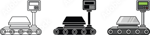 Set of industrial conveyor belt scales featuring outline solid and detailed vector designs ideal for logistics and manufacturing illustrations