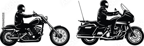 Motorcycle silhouettes, chopper bike, touring motorcycle, helmet riders, protective gear, custom design, long distance travel, biking lifestyle, vector illustration, flavector