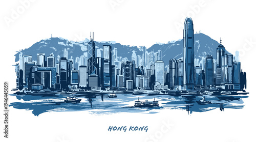 A stunning blue watercolor sketch of the Hong Kong skyline, showcasing its iconic skyscrapers and Victoria Harbour.