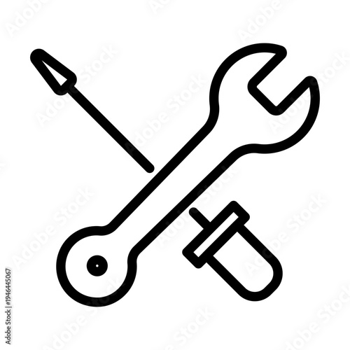 Line icon showing a crossed wrench and screwdriver representing repair services and technical troubleshooting
