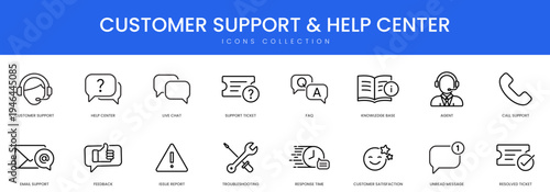 A comprehensive collection of line icons representing customer service and help center elements including live chat support agent and technical troubleshooting