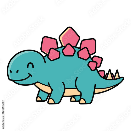 Charming, cartoon-style stegosaurus with playful pink plates along its back, depicting a cute and friendly dinosaur in a simple, vector art aesthetic for educational or decorative purposes.