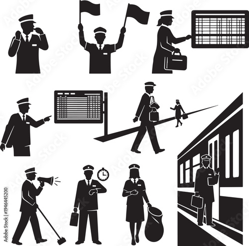 Set of 9 black and white airport staff icons vector