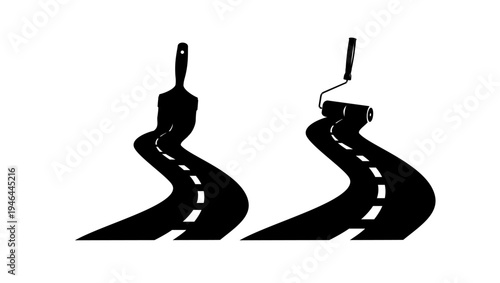 a brush paints an asphalt road, black isolated silhouette
