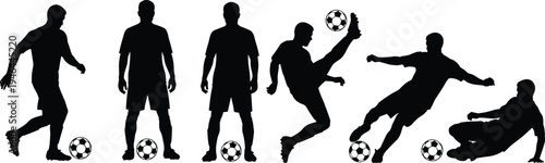 Soccer silhouettes, dribbling player, standing with ball, high kick, sliding tackle, football sport, dynamic action, teamwork, athletic movement, flavector