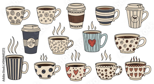 A collection of various decorative coffee and tea cups, featuring a charming handmade look. The assortment includes striped patterns, polka dots, heart motifs, and takeaway cups with lids.