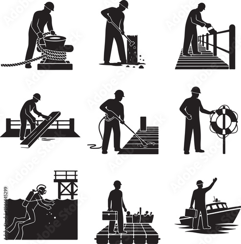 Set of 8 dock worker icons vector