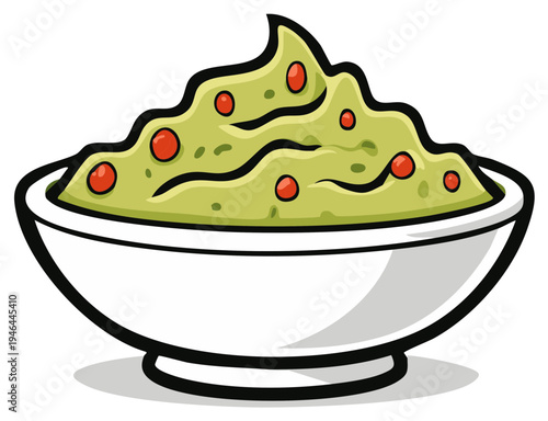 Cartoon bowl of fresh guacamole with tomato pieces and cilantro swirls