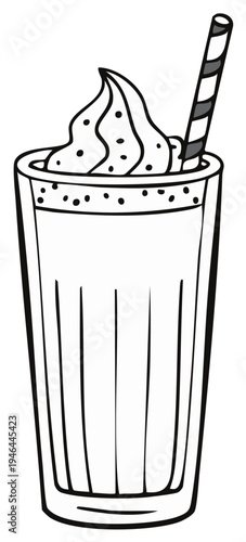 Tall glass with a dessert drink topped with whipped cream and straw illustration in black and white