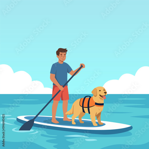 Paddleboarding Man and His Golden Retriever Dog Enjoying a Fun Summer Day on the Ocean