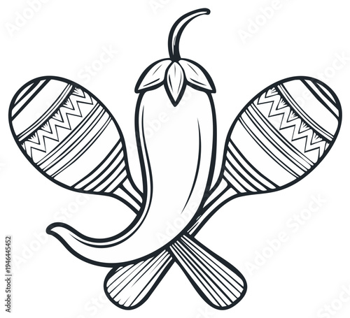 Festive Mexican Still Life with Pepper and Maracas Outline Illustration