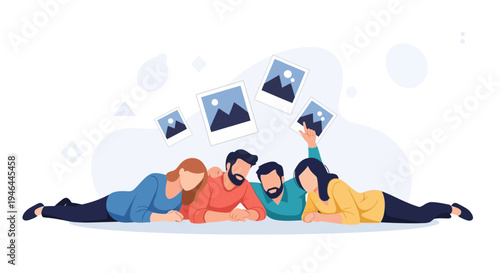 Friends Lying Down Together, Sharing Photos, Happy Memories, Flat Design
