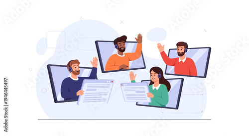 Diverse team collaborating remotely via video conference, waving hello