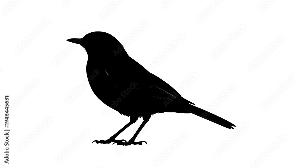 Obraz premium A black silhouette depicts a small bird, side-facing and perched with a detailed outline. It stands on two thin legs
