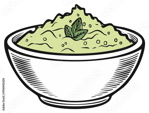 Fresh avocado dip with a garnish in a bowl illustration.