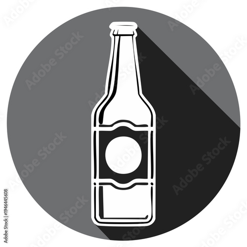 White outline drawing of a beer or soda bottle in a dark gray circle with long shadow