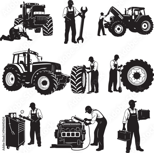 Set of 9 tractor and mechanic vector icons