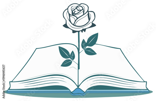 Open book with a rose blooming from its pages symbolizing knowledge growth and learning