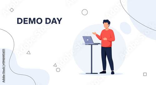 Demo Day Presentation: Man with Laptop at Podium, Startup Pitch Event