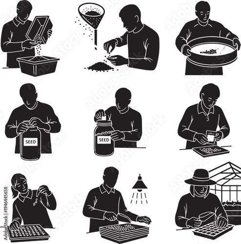 Set of 9 coffee farm worker icons vector