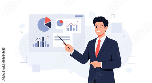 Businessman presenting financial charts and graphs on a whiteboard, business meeting concept