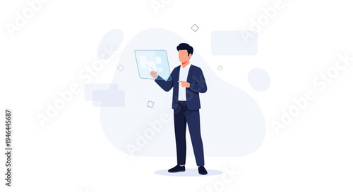 Businessman interacting with futuristic holographic interface, digital technology, innovation concept