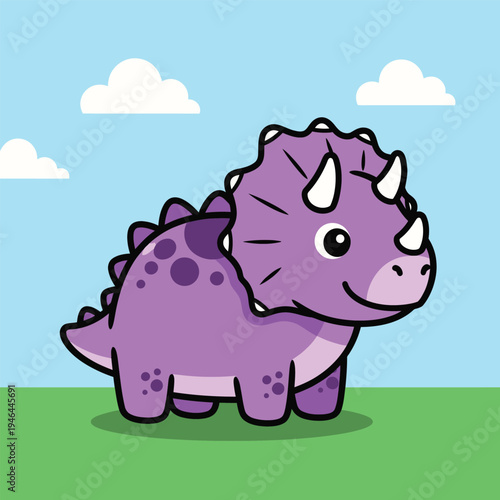 Adorable purple baby Triceratops dinosaur with friendly eyes and three horns, standing on green grass under a blue sky with fluffy clouds, cartoon style, cute, playful, prehistoric creature.