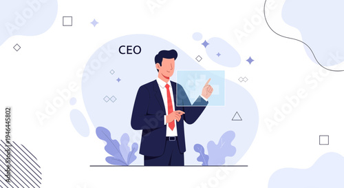 CEO in a suit interacting with a futuristic digital interface, business concept