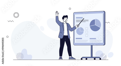 Man presenting pie charts on a whiteboard, business presentation, strategy meeting