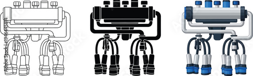 Milking machine cluster a set of vector illustrations in outline solid and colored styles ideal for dairy farming technology and agricultural industry designs