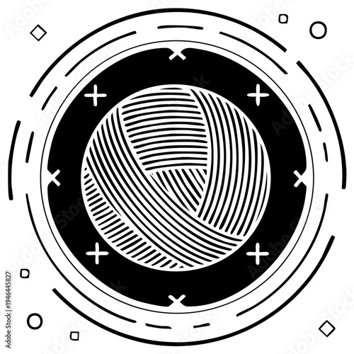 Stylized illustration of yarn ball, handcraft project element, knitting circle, yarn threads, abstract art, circular vector design